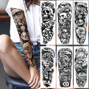 Pełna Ręka Oko Tymczasowy Tatuaż Naklejka Dla Mężczyzn Kobiet Realistyczny Czaszka Róża Kwiat Tatuaże, Body Art 3D Wodoodporne Fałszywy Tatuaż