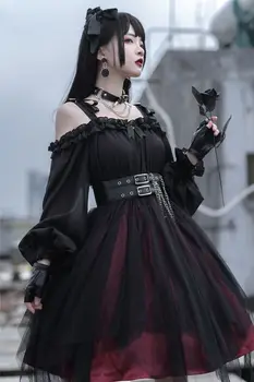 Sztuka Gotycka Lolita Sukienka W Wiktoriańskim Stylu Harajuku Dziewczęcy Zabójca Nieregularne Siatki Sukienka Kobiety Cosplay Kawaii Długim Rękawem Sukienki Partii