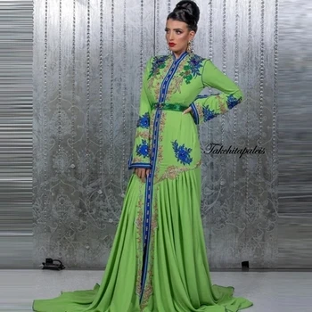Zielona Marokańska Kaftan Kaftan Muzułmańskie Suknie Wieczorowe W Formie Trapezu Z Długimi Rękawami Z Szyfonu Suknia Dubaj Arabski Turcja Burką Islamskiego Sukienka