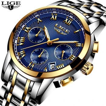 2019 Zegarek Luksusowej Marki LIGE Chronografu Mężczyzna Zegarek Sportowy Wodoodporny Całkowicie Stalowe Męski Zegarek Kwarcowy Relogio Masculino + Pudełko