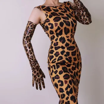 2022 Leopard Print Długie Rękawiczki 70 cm Duże Rękawy Temat Lakierowana Skóra, Sztuczna Skóra, Sztuczna Skóra Jaguar Brązowy Leopard