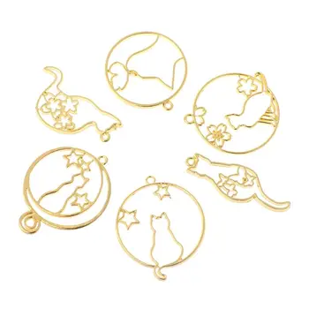 6 Szt./kpl. Metalowy Stelaż DIY Biżuteria Naszyjnik Wisiorek Złoty Kot Kotek Ładny Puste Ramki UV Żywica Epoksydowa Narzędzia Akcesoria