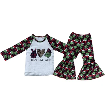 Butikowy Dziewczyny Świąteczne Stroje Kreskówka Zielony Bawół Kratę Spodnie-Dzwony Zestawy Spełnia Dziecięce Sukienki
