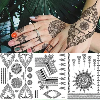 Czarna Henna Koronki Tymczasowy Tatuaż Naklejka Dla Kobiet Motyl Kwiat Mendy Fałszywy Tatuaż Naklejka Pióro Flora Tatuaż Mandala