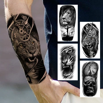 Czarny Lew Kompas Tymczasowe Tatuaże Dla Kobiet, Mężczyzn Realistyczny Czaszka Tygrysa Wodoodporny Fałszywy Tatuaż Naklejka Przedramieniu Tatuaż Pasta