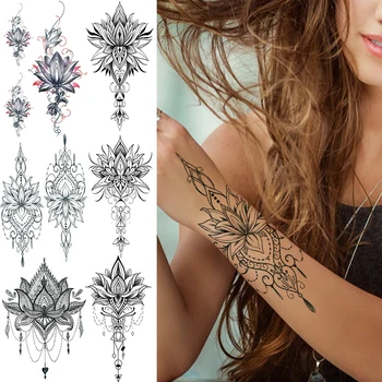 Henna Lotos Tymczasowy Tatuaż Dla Kobiet Fałszywe Biżuteria Łańcucha Czarny Kwiat Body Art Streszczenie Tatuaż Naklejka Tłumaczone, Czy Dziewczyna Tatuaż