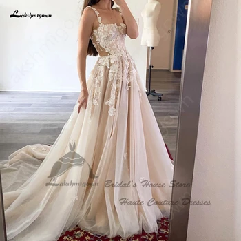 Lakshmigown Luksusowy Koronkowa Suknia Ślubna w stylu Boho z Kwiatowym Wzorem 2023 Vestidos Civil Ślubne Róż Różowe Plaża Suknie Ślubne Gorset Sznurowane z Tyłu