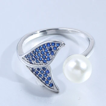 Modne Regulowane fishtail Syrena Perły, Obrączki Otwarte Pierścienie dla Kobiet, Niebieski Cz Ślubne Biżuteria Pierścienia