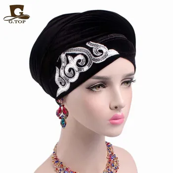 Nowe modne buty damskie wspaniały Ozdobione cekinami Velvet Turban Długie nakrycia Głowy dla kobiet w luksusowym stylu Hidżab chusty turbante