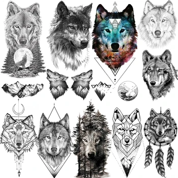 Okrutny Wilk Tymczasowe Tatuaże Dla Mężczyzn Realistyczny Kojot Geometryczna Tatuaż Górski Dreamcatcher Las Fałszywy Tatuaż Водонепроница