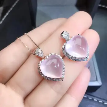 pierścień i naszyjnik z różowego naturalnego różowego kwarcu w kształcie serca dla kobiet, zestaw biżuterii ze srebra próby 925, prezent z naturalnego różowego kamienia, prezent na urodziny