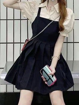 QWEEK Koreańskie Stylowe Czarne plis Bielizna Codzienne Kawaii Szkolna, Krótka Sukienka Z Pełnymi Rękawami Studencki 2022 Letni Sukienkę Kpop