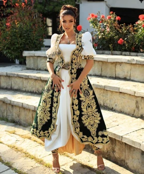 Tradycyjne Albańskie Suknie Wieczorowe z tym żakietem z długim rękawem o długości do kostki ze złotej Koronki Kwiecisty, Косовские Wieczorowe Sukienki na Studniówkę, Strojów