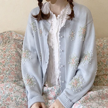 Vintage Sweter, Swetry rozpinane, Damskie Jesienne Swetry z Kwiatowym Haftem, Elegancki Luźny Sweter w stylu Harajuku dla Ślicznych Dziewczyn