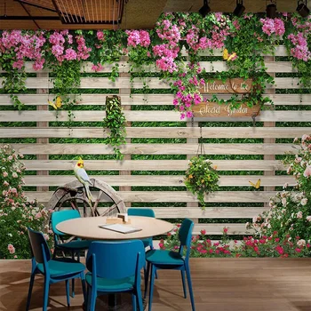 Zdjęcia Tapety 3D Drewniana Deska Róże Kwiaty Freski Restauracja Kawiarnia strefa dla gości Tapety Ścienne 3D Papel De Parede